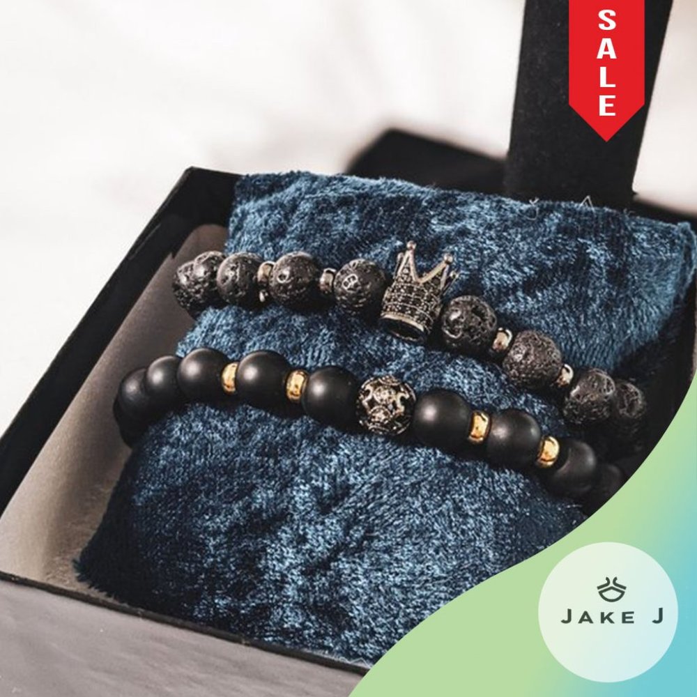 🍑2pcs/ set Luxe Mens Black Crown throne bracelet  A-088